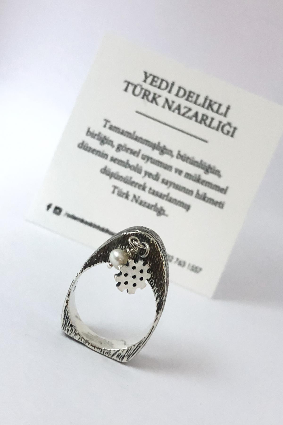 Yedi Delikli Nazarlık İnci Detay Tasarım Yüzük