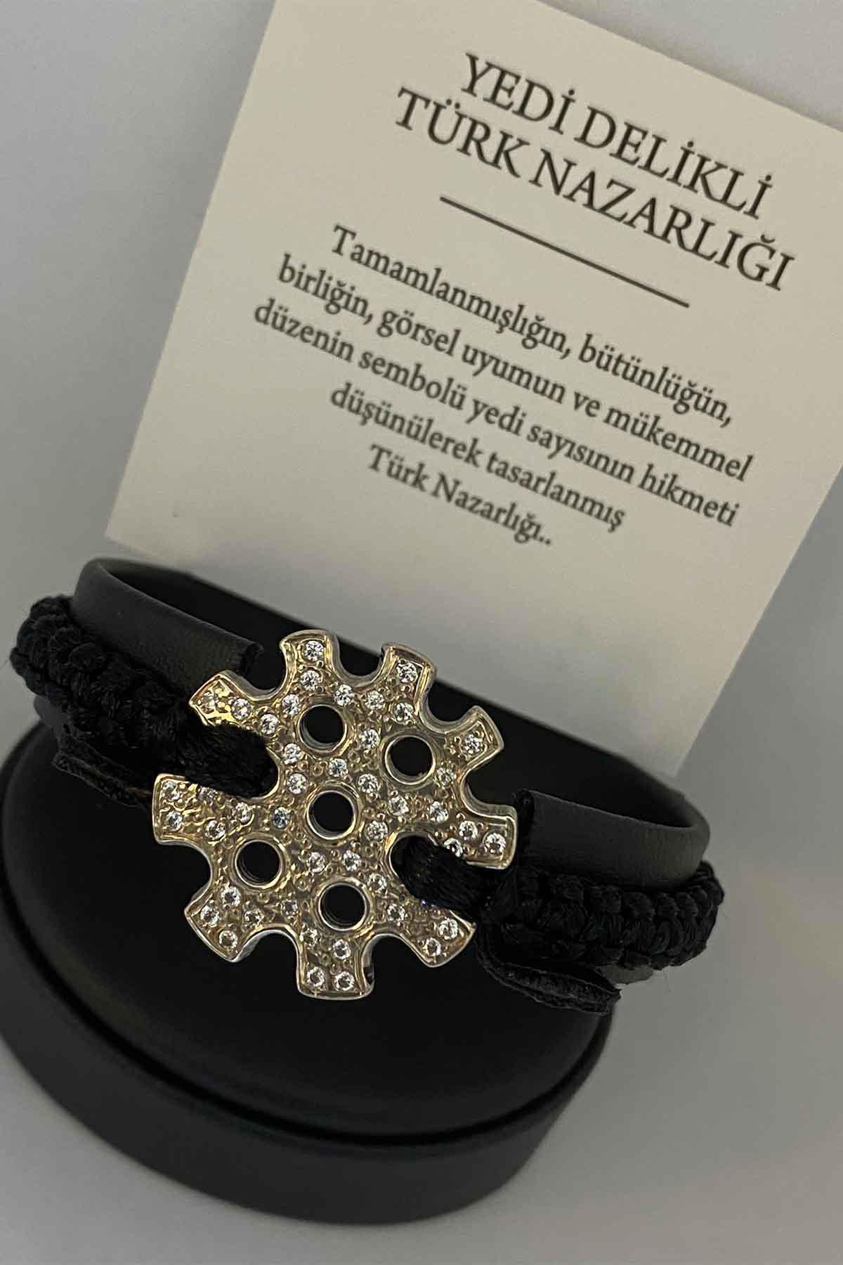 Yedi Delikli Türk Nazarlığı Düz Zemin Büyük Boy Taşlı Bileklik